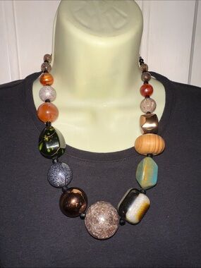 You and I Chunky Mixed Bead Statement Necklace in Brown, Black & Orange